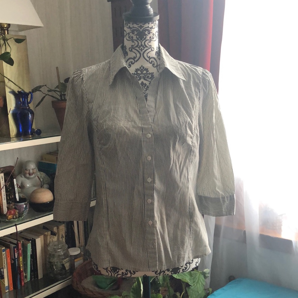 Fitted B&W Striped Button Down Blouse